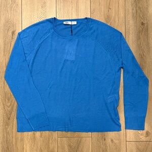 Zara Vibrant Blue Knit Semi Sheer Crewneck Sweater Top NWT - M
